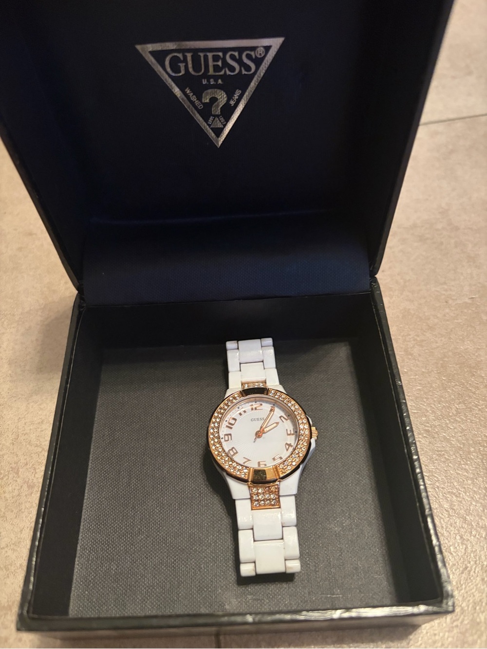GUESS White and Rose Gold Crystal Accent Ceramic Watch